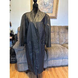 G III Womens Black Leather Trench Coat Double Breasted Design Size L Business